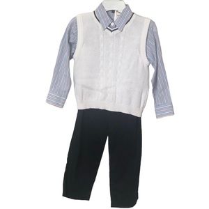 Toddler 3 Piece Button Down Blue Shirt with V Neck White Sweater Vest with Pants